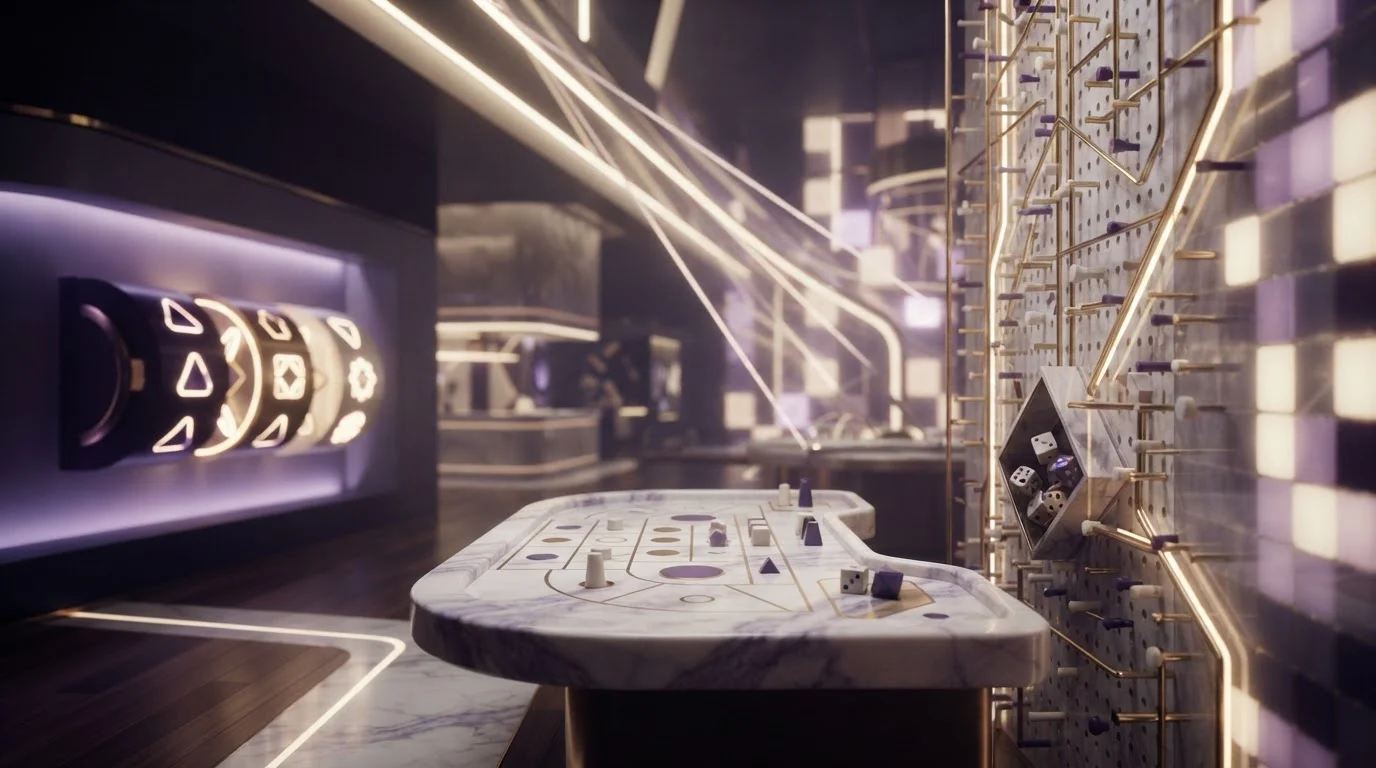 Abstract live table, slot reels and instant-game geometry arranged in one editorial scene